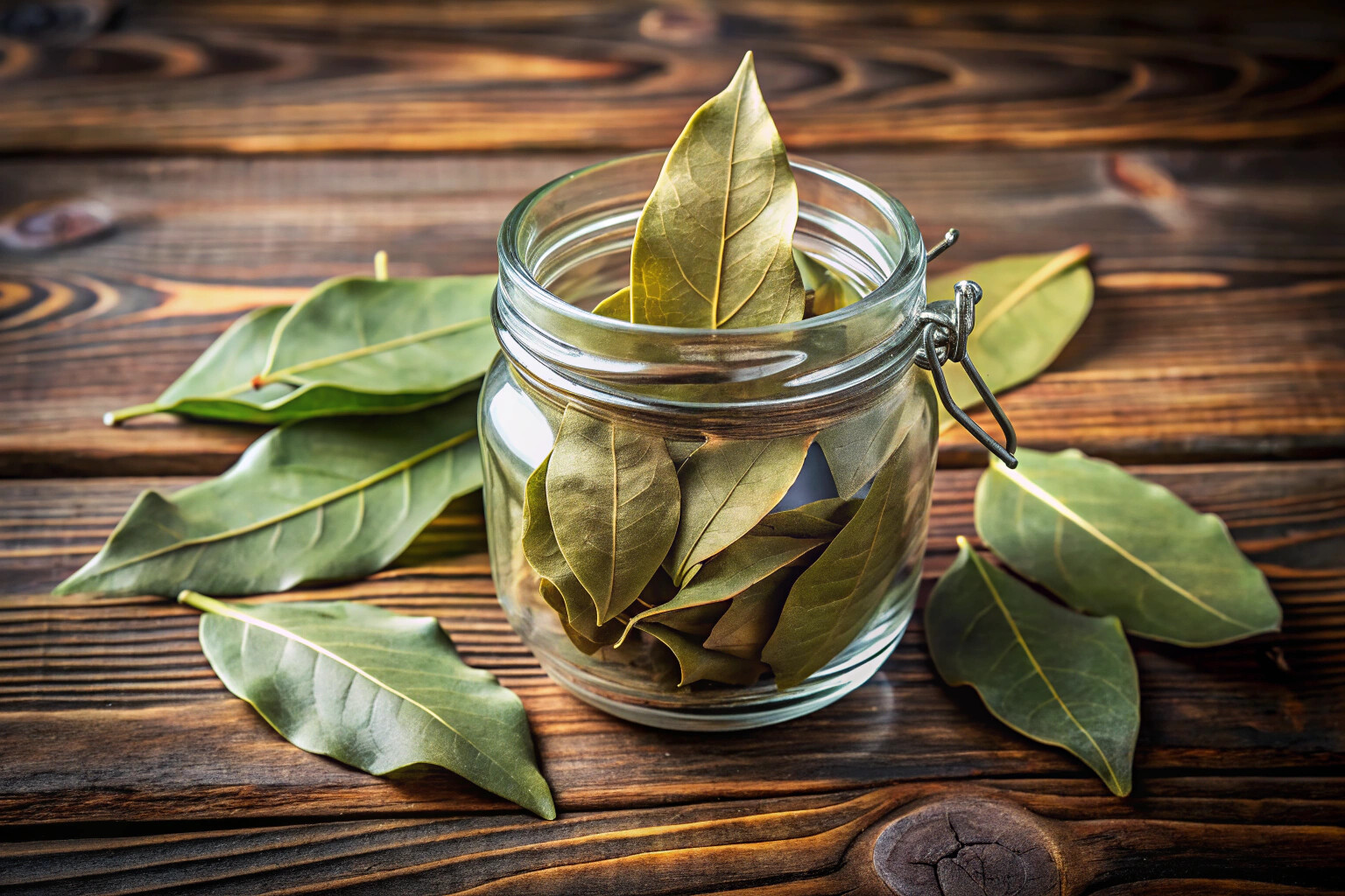 Feuilles de laurier séchées soigneusement empilées dans un bocal en verre transparent, posé sur un fond de planche en bois naturel, avec une lumière douce mettant en valeur leur texture et leur couleur verte foncée