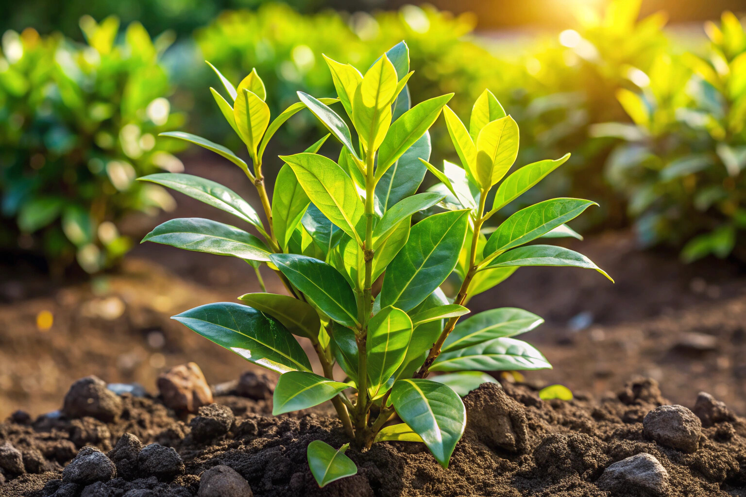 Un jeune plant de laurier dans un jardin ensoleillé, avec des feuilles vertes lustrées et un sol bien drainé visible autour, sans aucun élément textuel ou de marque