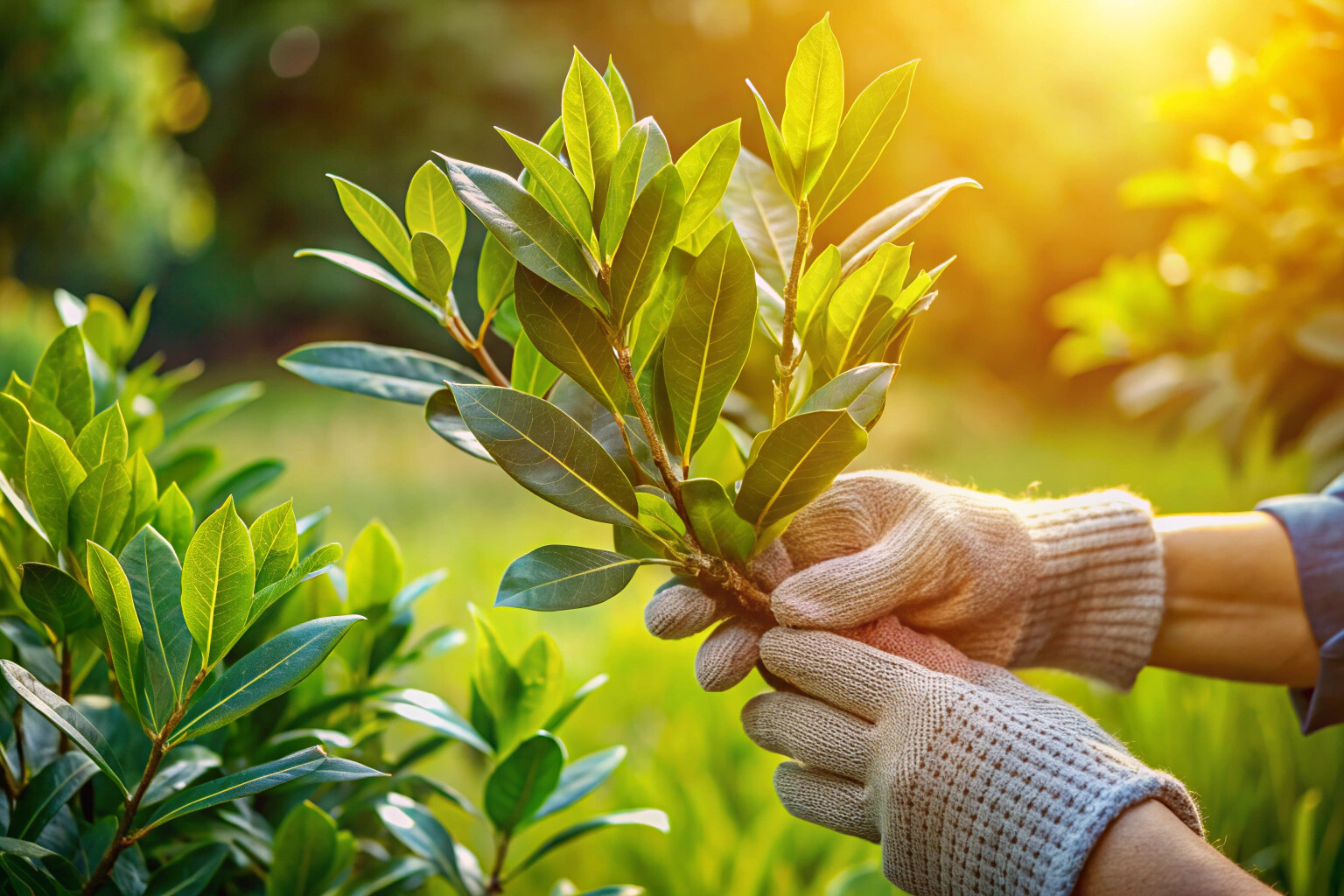 Une main gantée tenant délicatement une branche de laurier fraîchement coupée, avec des feuilles vert foncé et brillantes, dans un jardin ensoleillé entouré d