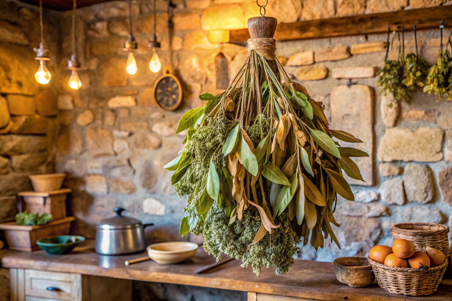 Un bouquet de feuilles de laurier séchées, suspendu dans une cuisine rustique avec des murs en pierre, évoquant une ambiance traditionnelle et naturelle