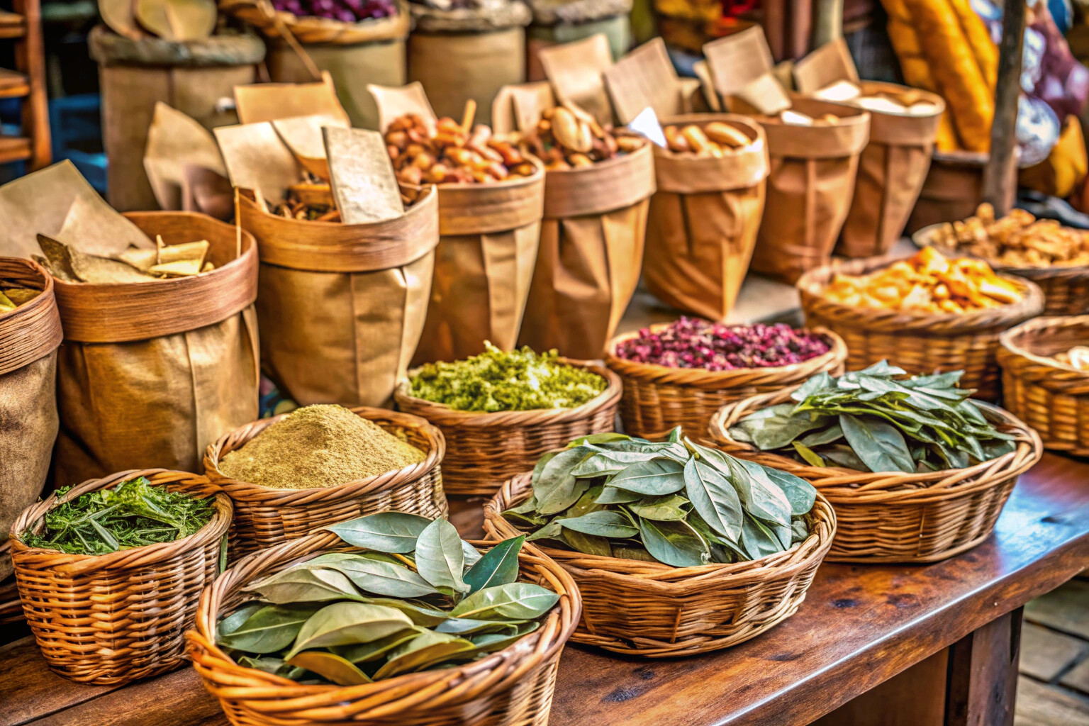 Un étalage coloré de feuilles de laurier séchées disposées dans des paniers en osier, avec des sachets en papier kraft, sur une table en bois rustique dans un marché en plein air, entouré de produits agricoles locaux